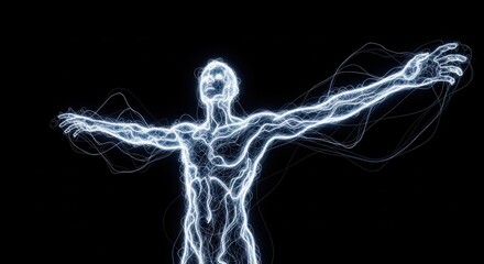 Obraz premium Electric human form energy emanating from the body against a dark background