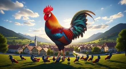 Giant Rooster and Chickens in a Picturesque Village Landscape.