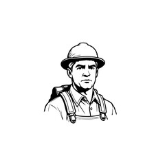 Focused Construction Worker Illustration with Protective Gear and Serious Expression in Black and