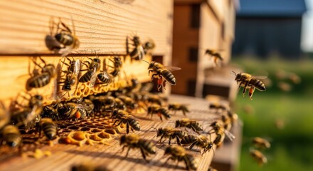 Busy Honey Bees Flying In and Out of a Wooden Beehive Entrance Collecting Pollen