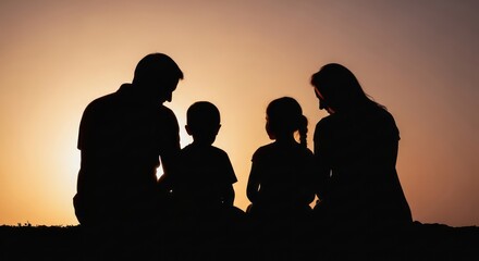 Silhouette of a family of four sharing a quiet moment at dusk creating a heartwarming and timeless