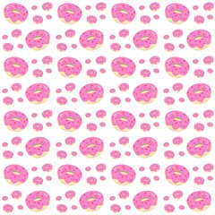 Donut seamless pattern. Strawberry donut background. Pink donut with glaze and sprinkle. Seamless Background for Bakery, Cafe, and Dessert Shop Designs