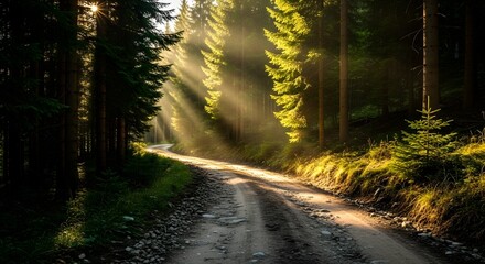 Obraz premium Sunbeams illuminate a dirt road winding through a dense evergreen forest.