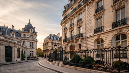 Obraz premium View of ornate buildings and wrought iron fence in paris france