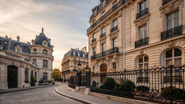 View of ornate buildings and wrought iron fence in paris france - Powered by Adobe