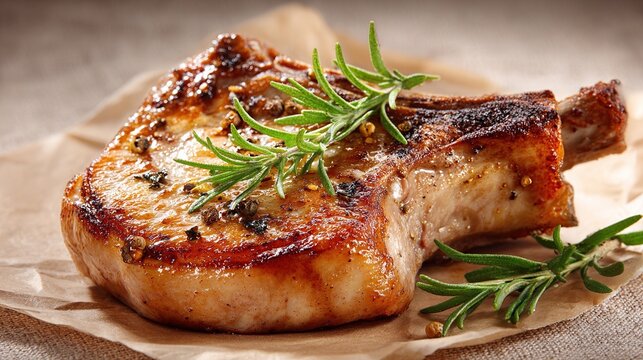 Cooked pork chop, bone-in, herbs, on brown paper on linen