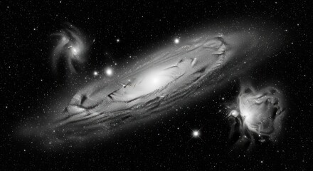 Monochrome depiction of deep space, featuring a galaxy and nebulae amidst a starry field