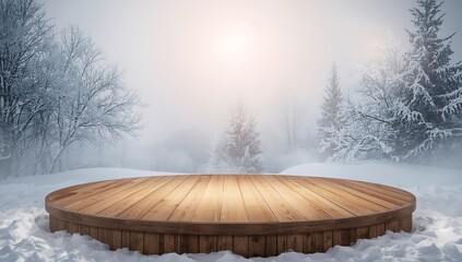 A solitary Christmas tree stands in a quiet, snowy park, its branches frosted white against the cold winter sky, with a tabletop view