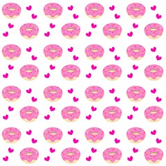 Donut seamless pattern. Strawberry donut background. Pink donut with glaze and sprinkle. Seamless Background for Bakery, Cafe, and Dessert Shop Designs