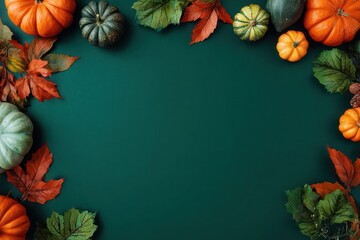 Fototapeta premium Festive autumn harvest border of pumpkins gourds and colorful fall leaves on dark teal background