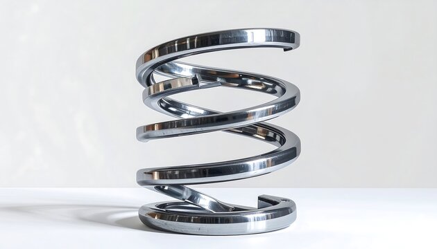 A polished, metallic coil spring sculpture displays intricate design and reflective surfaces. - Powered by Adobe