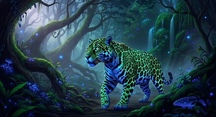 Glowing Jaguar in Enchanting Forest.