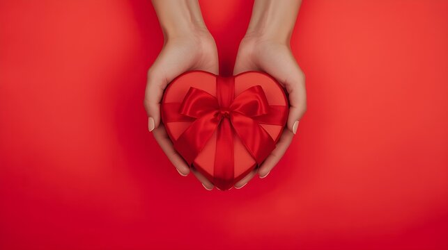 Close up on female hands holding a gift in a pink heart presents for valentine day, birthday, mother's day. Flat lay. Symbol of love. Valentines day background with a gift boxes on concrete board. - Powered by Adobe