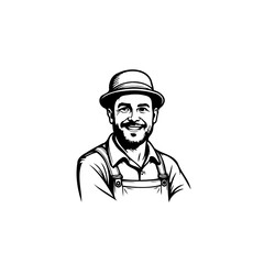 Illustrative farmer portrait beaming with happiness in classic overalls and fedora styled hat a