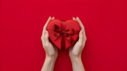 Close up on female hands holding a gift in a pink heart presents for valentine day, birthday, mother's day. Flat lay. Symbol of love. Valentines day background with a gift boxes on concrete board.