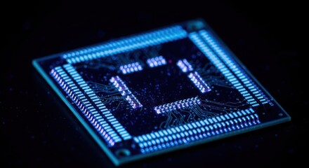 Illuminated microchip on black surface showcasing intricate circuitry details and technology