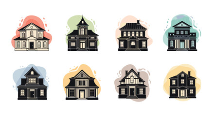 Fototapeta premium A collection of eight stylized Victorian and Gothic houses depicted in silhouette with colorful watercolor splashes.