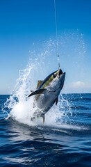 A large tuna leaps from the ocean, hooked on a fishing line.