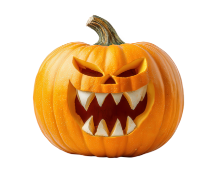 Scary evil laughing jack o lantern pumpkin carving. Halloween face decoration and traditional holiday symbol with menacing grin, shown isolated on transparency background