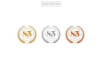 85 anniversary logo luxury circle emblem badge vector design isolated in gold silver brown colors illustration