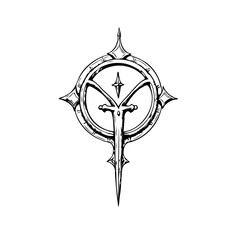 Intricate emblem with circular ring and dagger design, embodying mystique and gothic aesthetics in