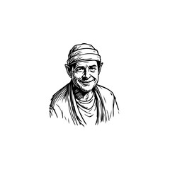 Intricate ink sketch portraying a cheerful elderly man wearing a cozy beanie hat with subtle shadows