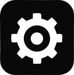 Simple white cogwheel icon within a rounded square symbol representing settings options and technical solutions