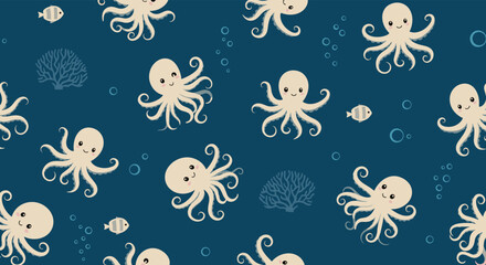 Obraz premium A charming pattern of cute octopuses and fish swimming in a deep blue ocean.