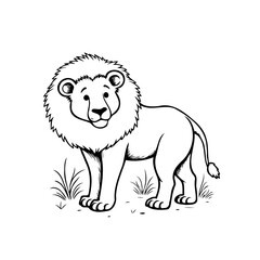 Majestic cartoon lion outline standing tall in grassy patch waiting to be colored with vibrant