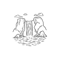 Majestic mountain waterfall scene graphic, with detailed line drawing creates tranquil