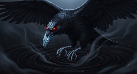 Enigmatic Raven Descent: A Mystical Avian Encounter with Dark Waters and Glowing Runes