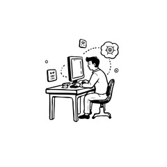 Man working at a computer desk amidst floating digital interface elements in monochrome drawing