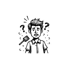 Man's puzzled reaction to a cleaning brush a humorous illustration of confusion and housework