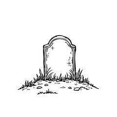 Minimalist monochrome depiction showcasing a weathered headstone surrounded by foliage in a burial