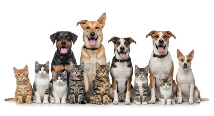 A group of dogs and cats posing together, showcasing their diverse breeds and friendly expressions.