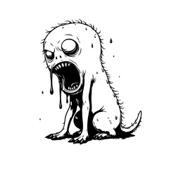 Monochromatic ghoul depiction a bizarre creature with exaggerated features sitting with an