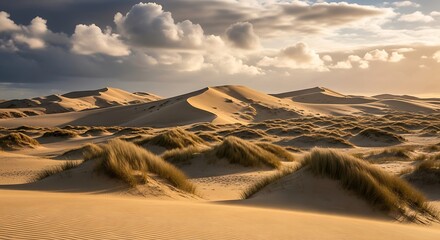 Golden Sand Dunes and Grassy Hills Under a Cloudy Sky at Sunset.