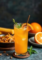 Longdrinkglas mit schaumigem orangedrink limettenscheibe und schirmchen isoliert drink, umbrella, cocktail, summer 