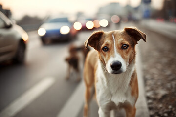 Stray dog's gaze in an urban landscape, facing busy traffic, conveying vulnerability