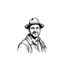 Monochrome drawing of a smiling man with hat and jacket exudes approachable charm and warmth