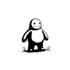 Monochrome fuzzy creature illustration standing peacefully on grass evoking feelings of joy and