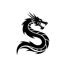 Black Dragon Silhouette Illustration on White Background for Fantasy Art and Gaming