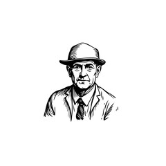 Monochrome line art portraying a distinguished gentleman donning a fedora expressing wisdom and