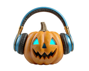 Fun carved orange halloween pumpkin jack o lantern listening to music on blue headphone. happy character with spooky glowing face modern holiday design for party