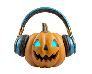 Fun carved orange halloween pumpkin jack o lantern listening to music on blue headphone. happy character with spooky glowing face modern holiday design for party