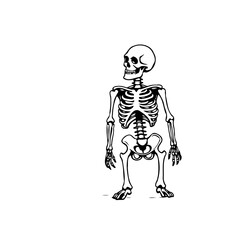 Monochrome skeletal figure in standing pose with artistic rendering featuring bones in a vintage