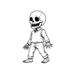 Monochrome skeletal character illustration dressed in casual attire strides forward purposefully