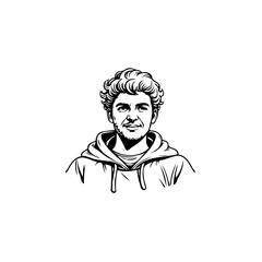 Monochrome vector illustration depicting a young man with curly hair wearing hoodie sweatshirt