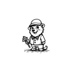 Playful cartoon bear character ready for outdoor adventure wearing a hat and bow tie with equipment