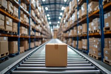 Brown box on conveyor belt inside modern warehouse ready for shipping and fast reliable distribution